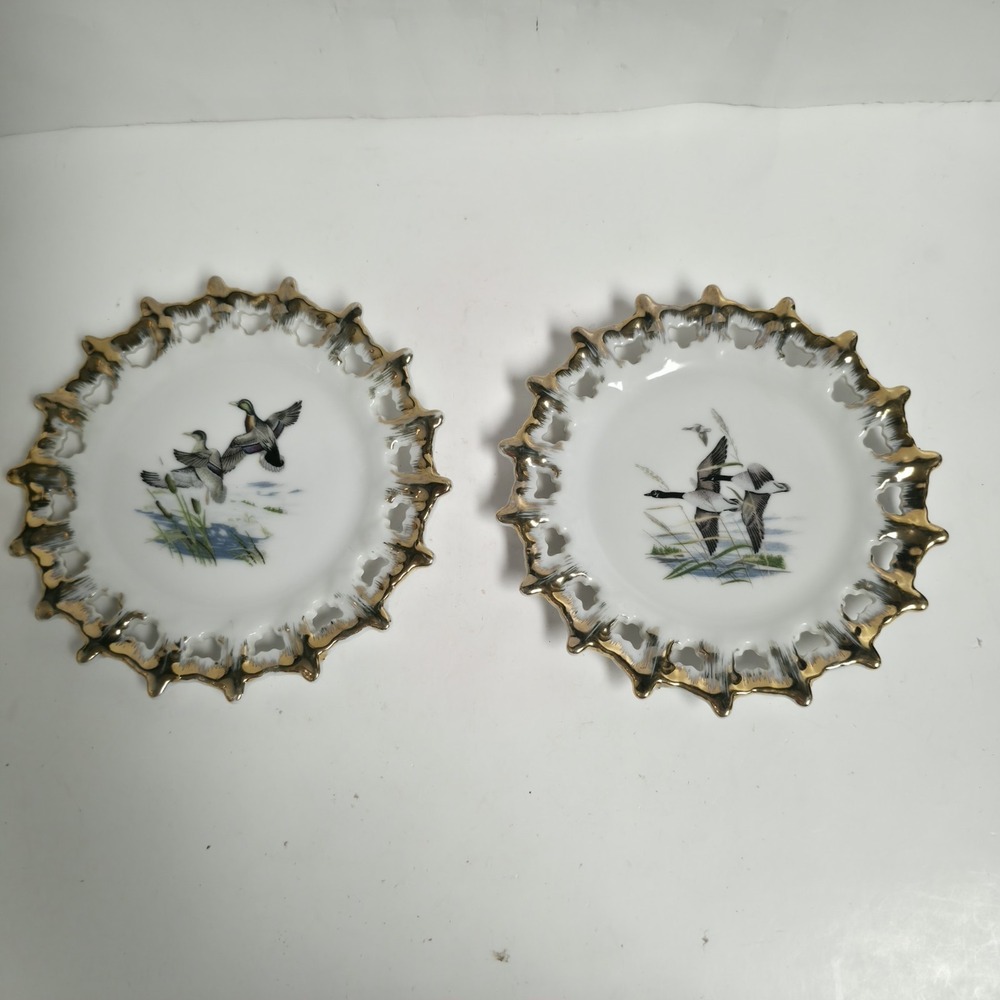 Vintage Brinn's Pittsburgh Porcelain Reticulated Plates Gold Trim Duck Geese 2pc